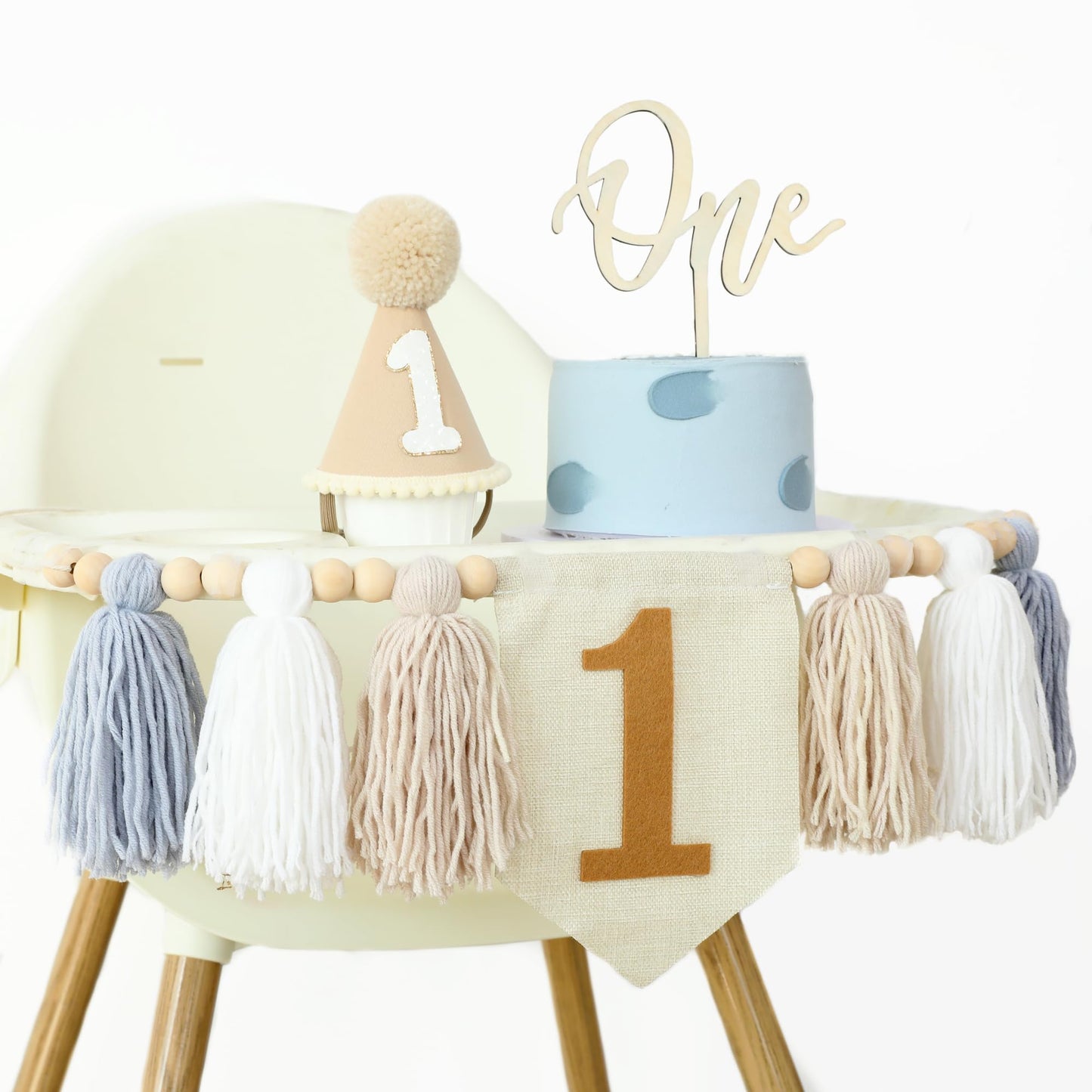 Jungle Theme Birthday Banner Set – Blue Highchair Garland, Crown Hat & Cake Topper | First Birthday Party Decoration for Baby Boys