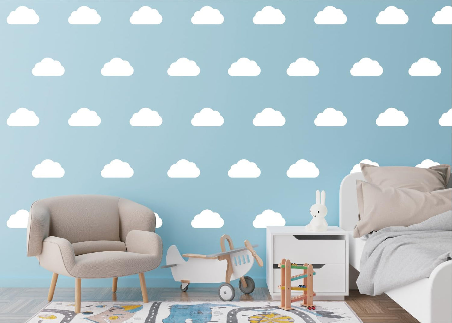 Cloud Wall Decals – 44-Piece Peel & Stick Set | White Vinyl Stickers for Nursery, Kids Bedroom & Playroom | Reusable & Waterproof