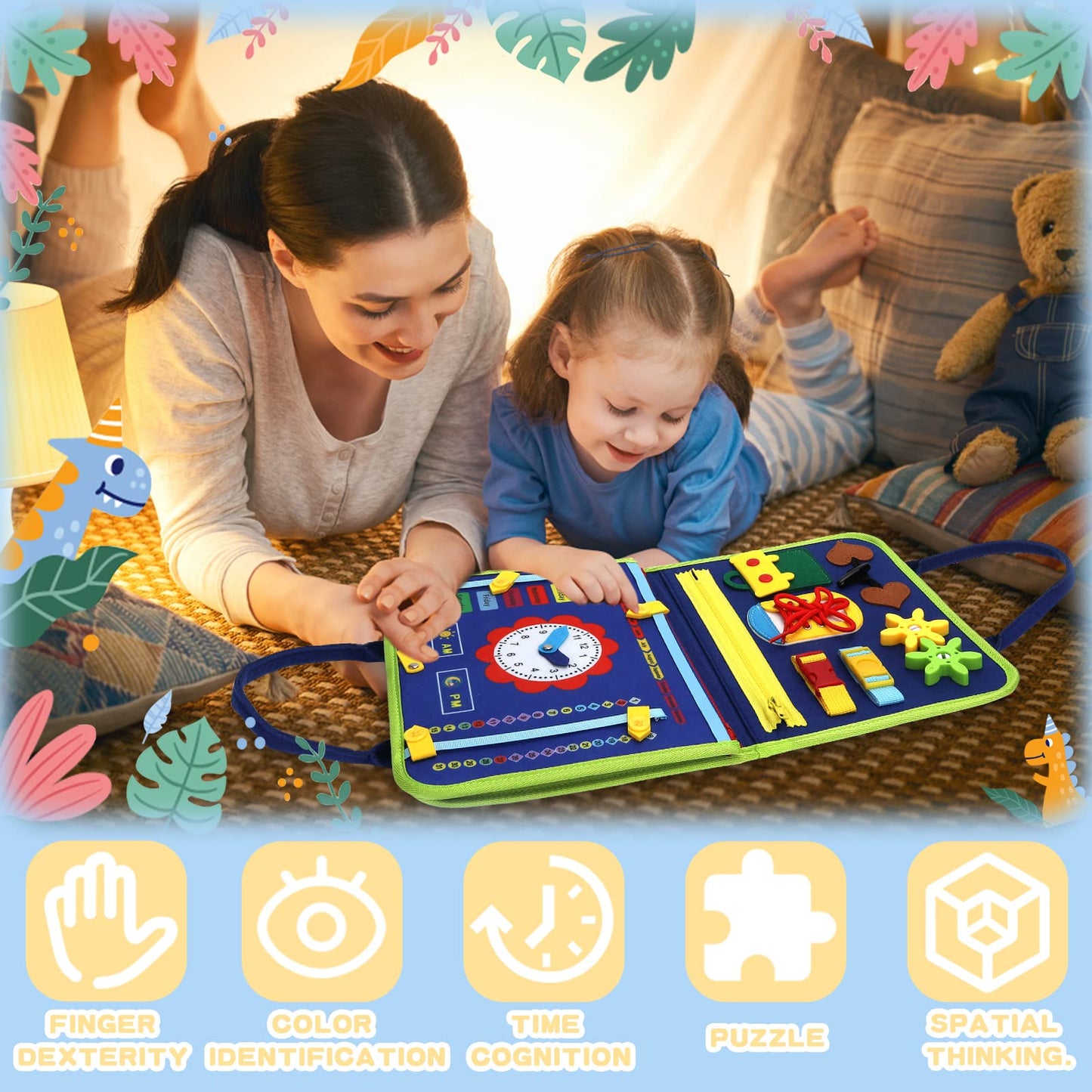 Dinosaur Busy Board for Boys – Montessori Sensory Toy for Toddlers Age 1–5 | 17 Life Skills | Travel Activity Board in Blue