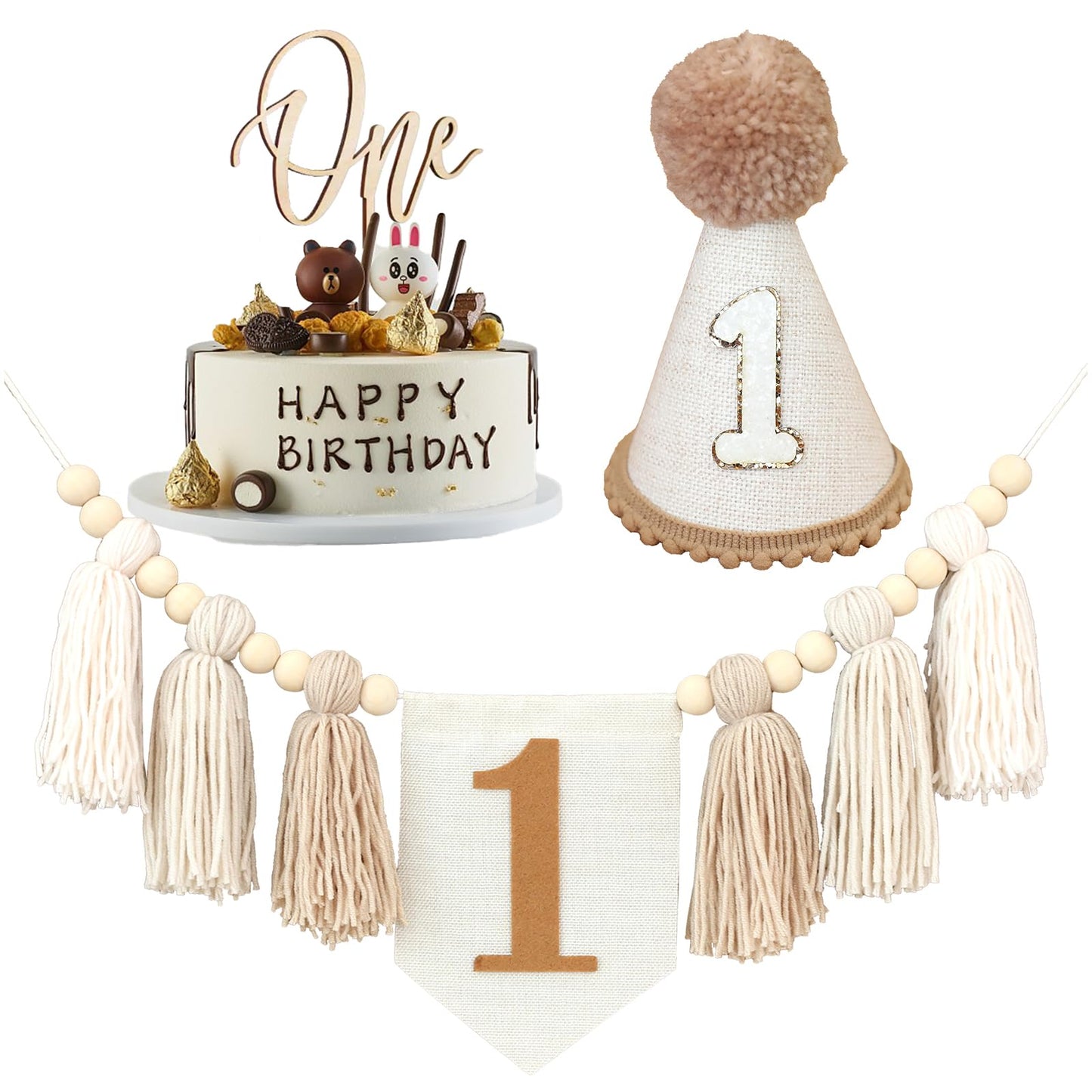 First Birthday Party Decorations Light Brown High Chair Banner 1st Birthday Crown One Cake Topper 1st Decor