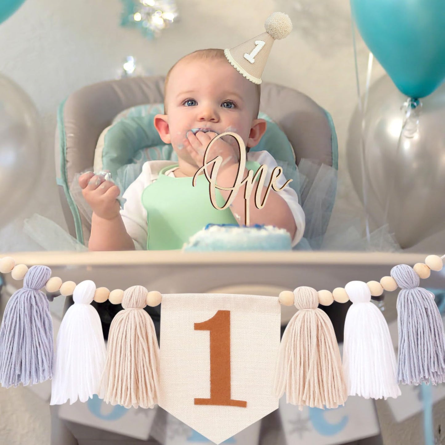 Jungle Theme Birthday Banner Set – Blue Highchair Garland, Crown Hat & Cake Topper | First Birthday Party Decoration for Baby Boys