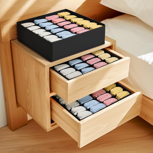 Sock & Underwear Drawer Organizer – 24-Cell Collapsible Storage Box for Closet or Cabinet | Black Fabric Divider for Socks, Lingerie & Ties (1 Pack)