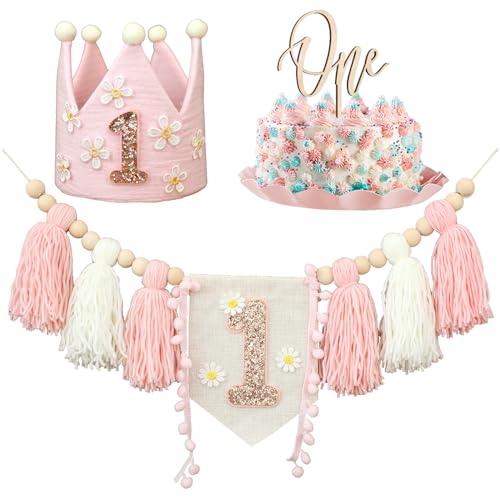 Boho Daisy First Birthday Banner Set – Pink Highchair Garland, Crown Hat & Cake Topper for Baby Girls