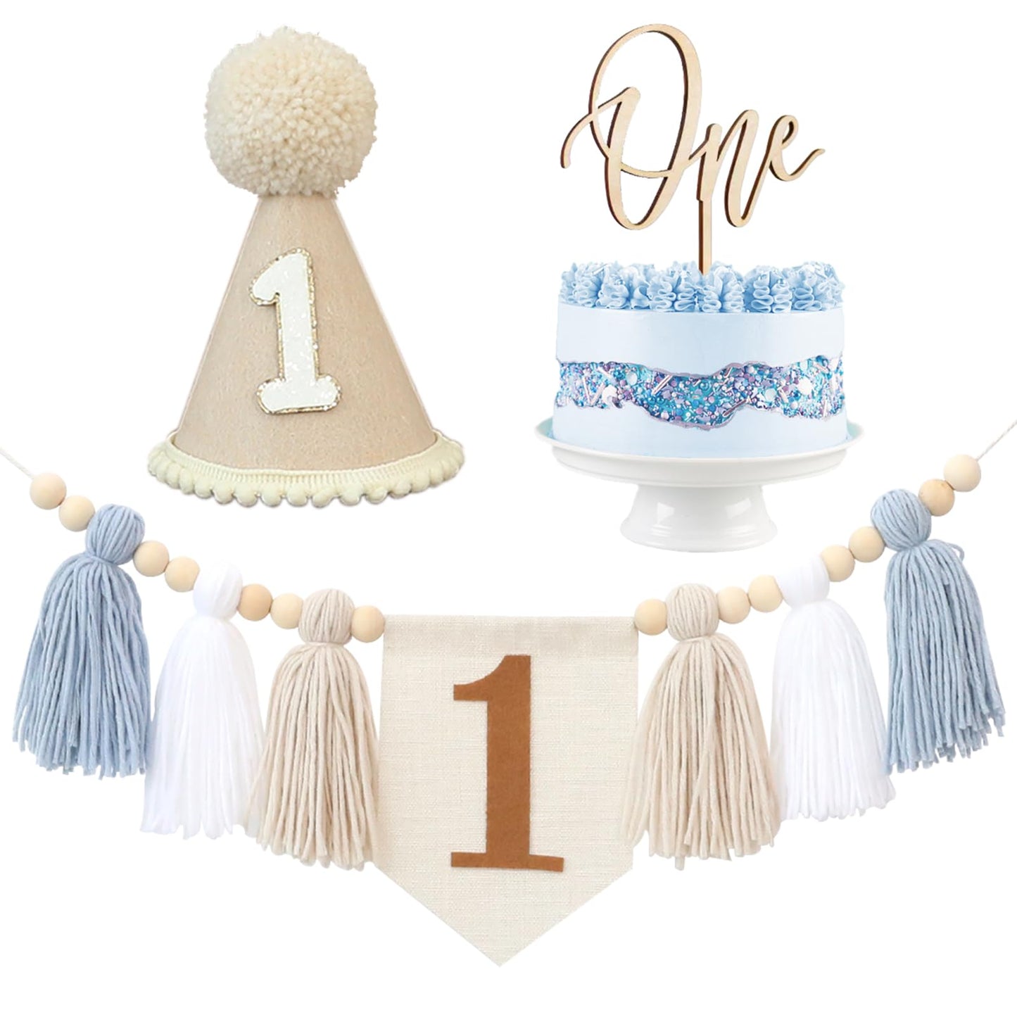 Jungle Theme Birthday Banner Set – Blue Highchair Garland, Crown Hat & Cake Topper | First Birthday Party Decoration for Baby Boys