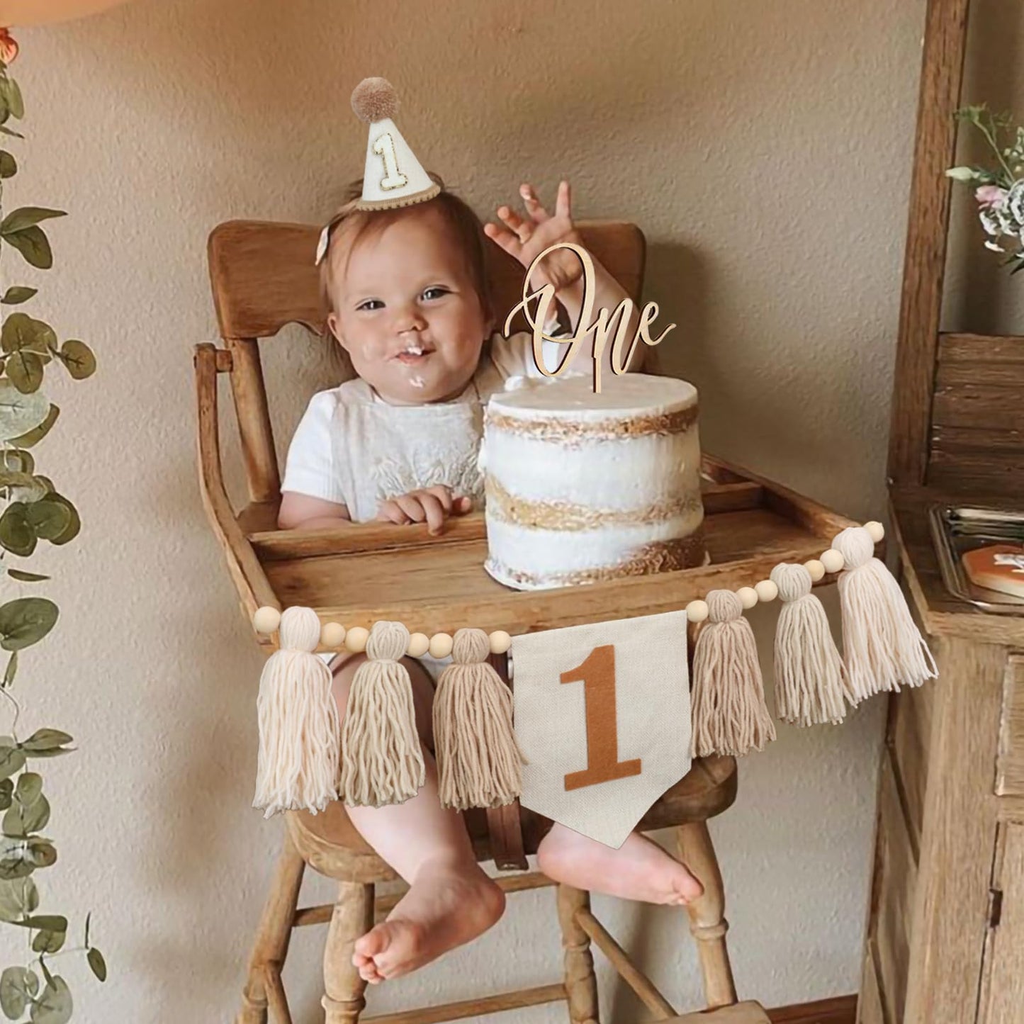 First Birthday Party Decorations Light Brown High Chair Banner 1st Birthday Crown One Cake Topper 1st Decor