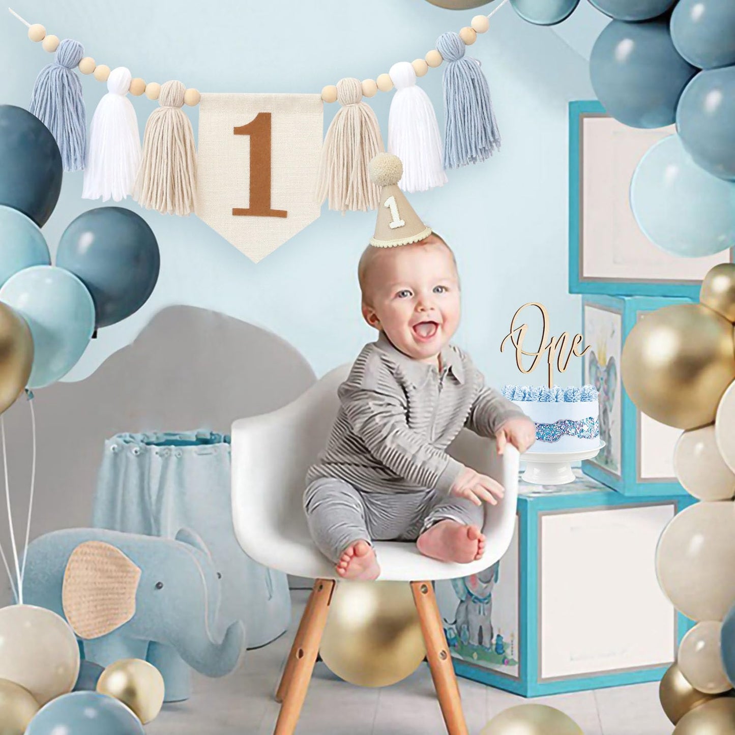 Jungle Theme Birthday Banner Set – Blue Highchair Garland, Crown Hat & Cake Topper | First Birthday Party Decoration for Baby Boys