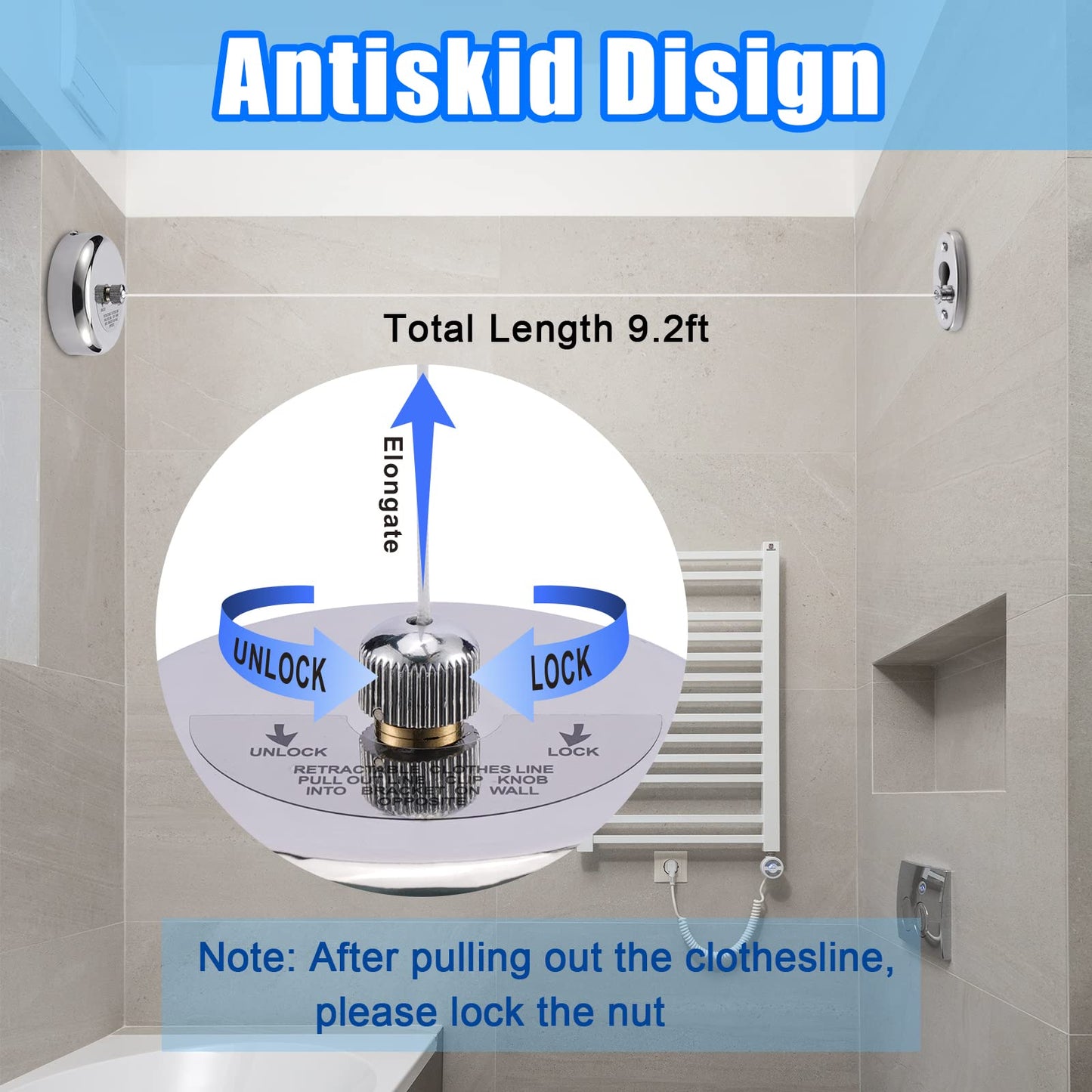 Retractable Clothesline – 304 Stainless Steel with Adjustable Rope | Heavy-Duty Indoor/Outdoor Drying Line (2.8m)