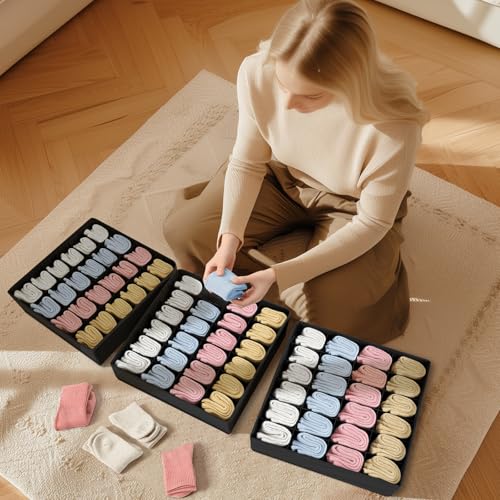 Sock & Underwear Drawer Organizer – 24-Cell Collapsible Storage Box for Closet or Cabinet | Black Fabric Divider for Socks, Lingerie & Ties (1 Pack)