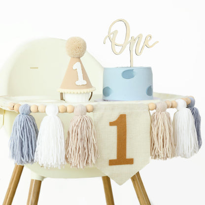Jungle Theme Birthday Banner Set – Blue Highchair Garland, Crown Hat & Cake Topper | First Birthday Party Decoration for Baby Boys