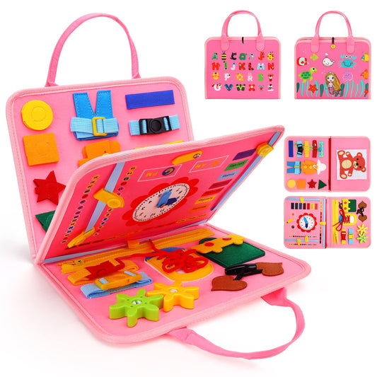 Mermaid Busy Board for Girls – Montessori Sensory Toy for Toddlers Age 1–5 | 17 Life Skills | Travel Activity Board in Pink