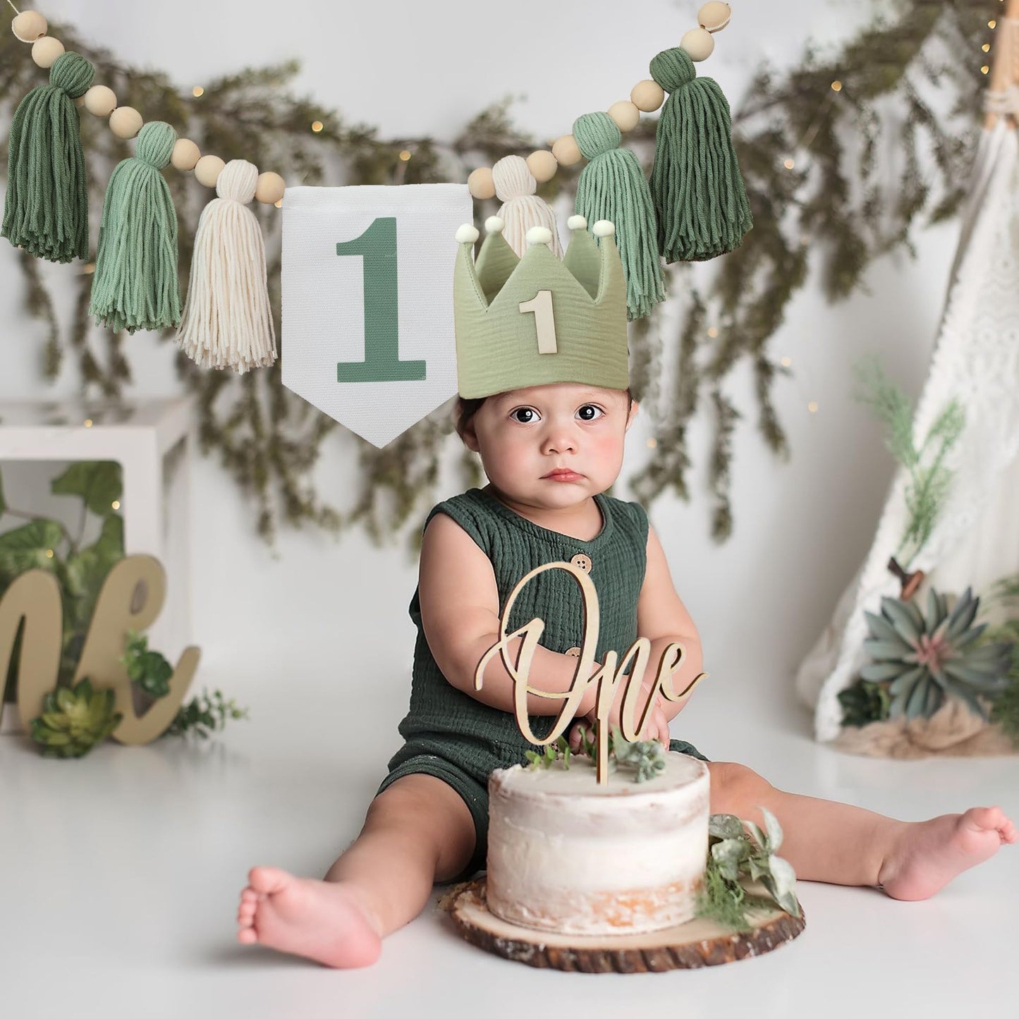 Jungle Theme Birthday Banner Set – Green Highchair Garland, Crown Hat & Cake Topper | First Birthday Party Decoration for Baby Boys or Girls