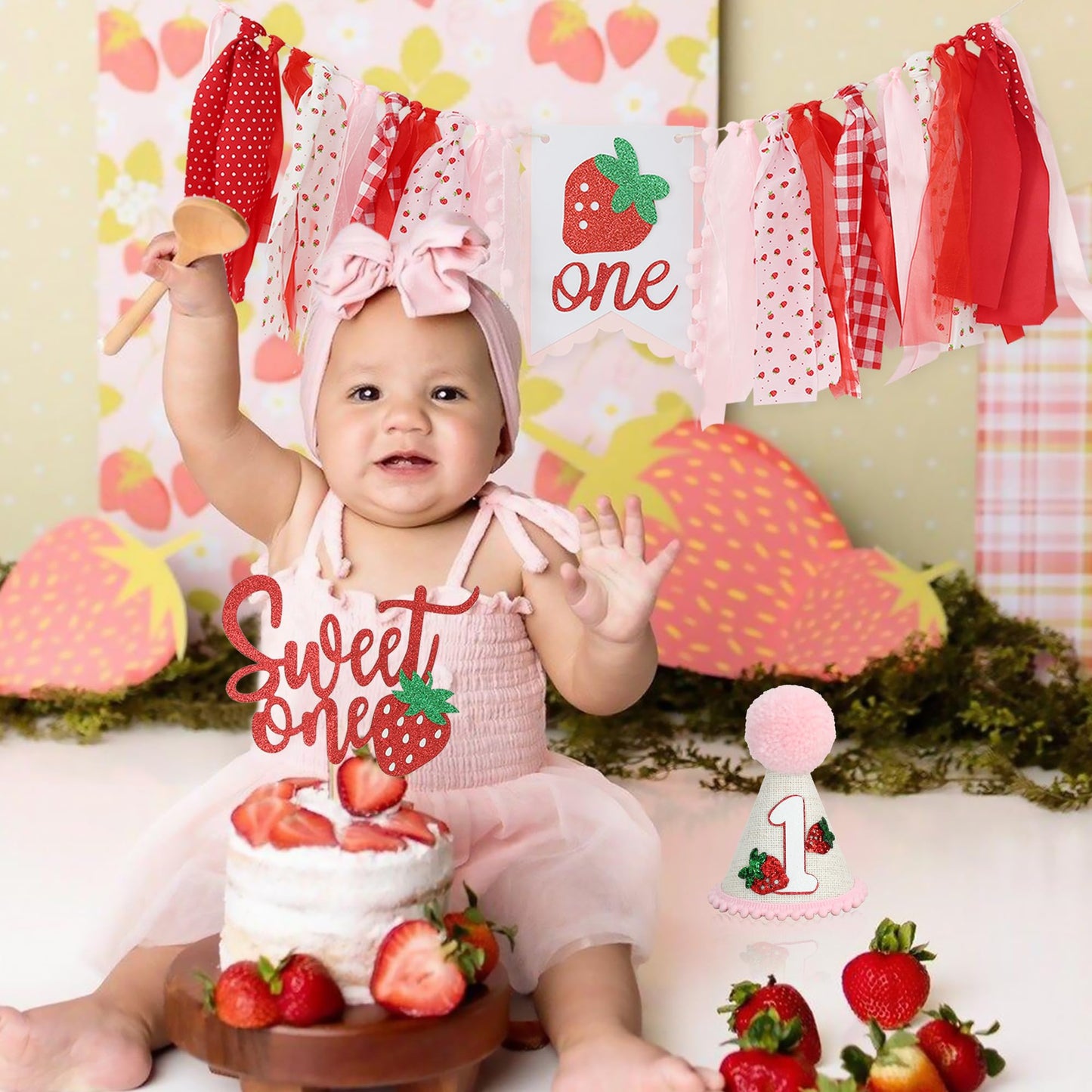 Jungle Theme Birthday Banner Set – Pink and Red Highchair Garland, Crown Hat & Cake Topper | First Birthday Party Decoration for Baby Girls