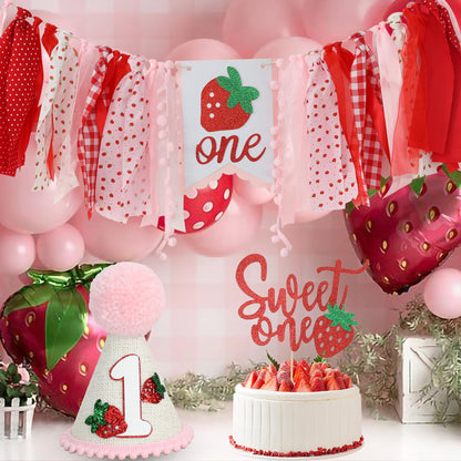 Jungle Theme Birthday Banner Set – Pink and Red Highchair Garland, Crown Hat & Cake Topper | First Birthday Party Decoration for Baby Girls