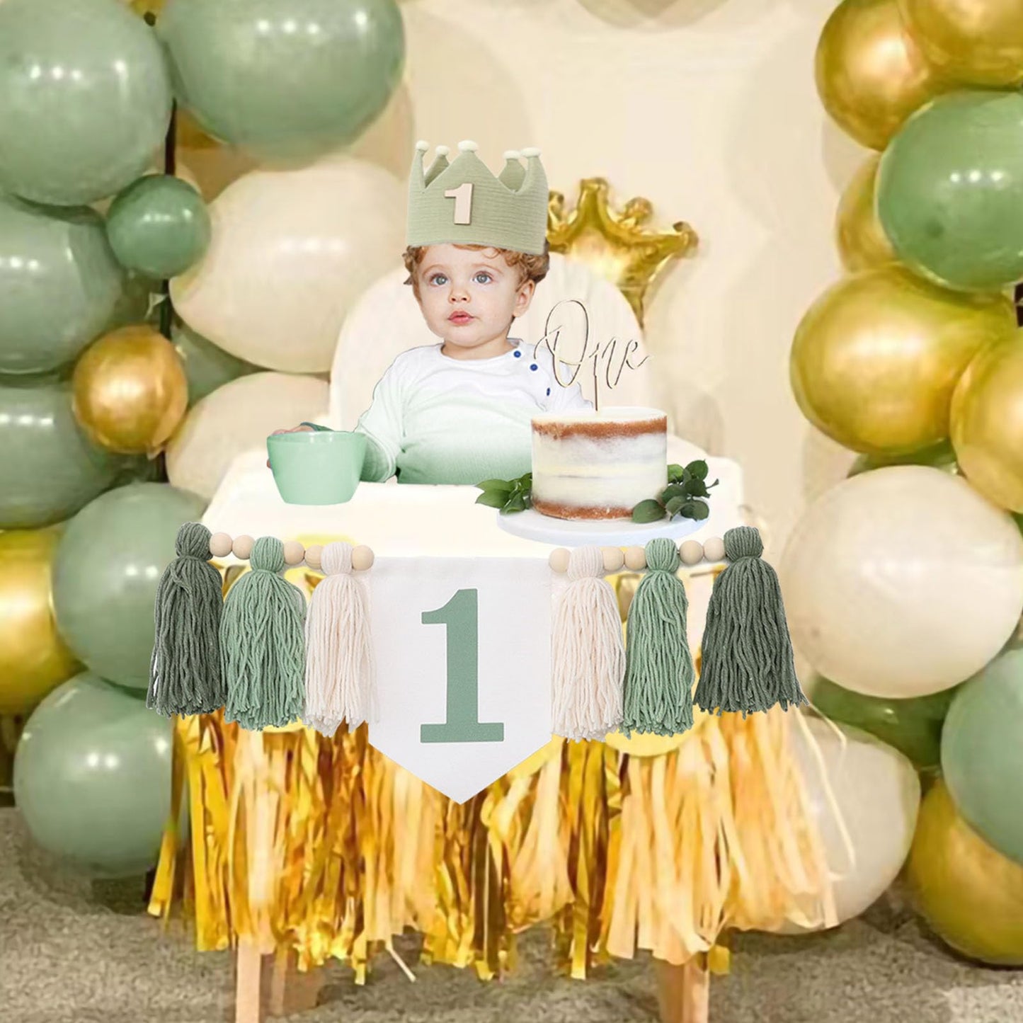 Jungle Theme Birthday Banner Set – Green Highchair Garland, Crown Hat & Cake Topper | First Birthday Party Decoration for Baby Boys or Girls