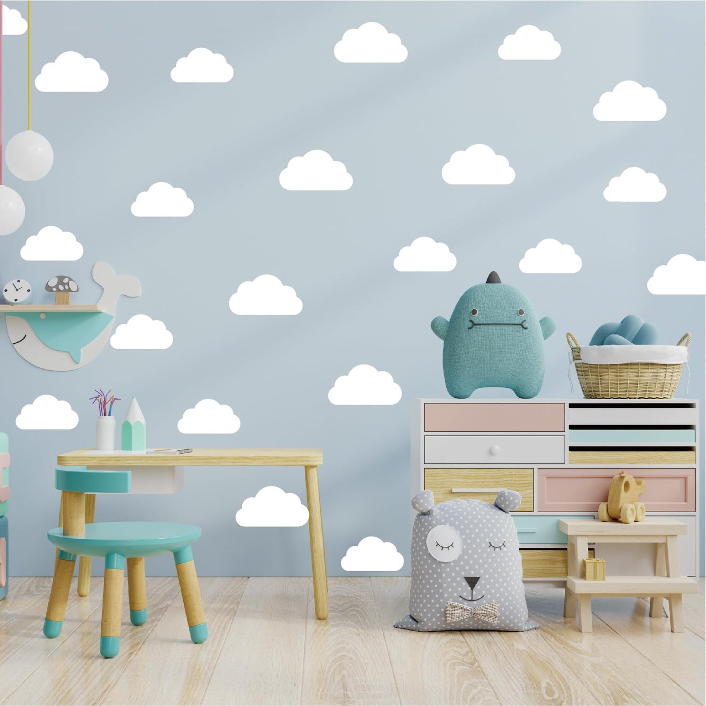Cloud Wall Decals – 44-Piece Peel & Stick Set | White Vinyl Stickers for Nursery, Kids Bedroom & Playroom | Reusable & Waterproof