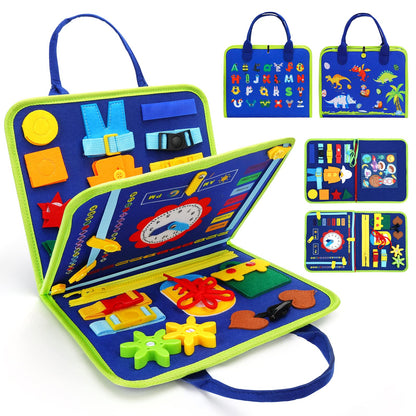 Dinosaur Busy Board for Boys – Montessori Sensory Toy for Toddlers Age 1–5 | 17 Life Skills | Travel Activity Board in Blue