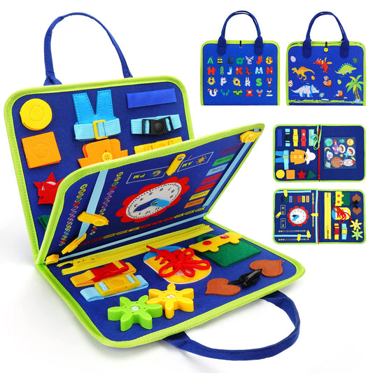 Dinosaur Busy Board for Boys – Montessori Sensory Toy for Toddlers Age 1–5 | 17 Life Skills | Travel Activity Board in Blue