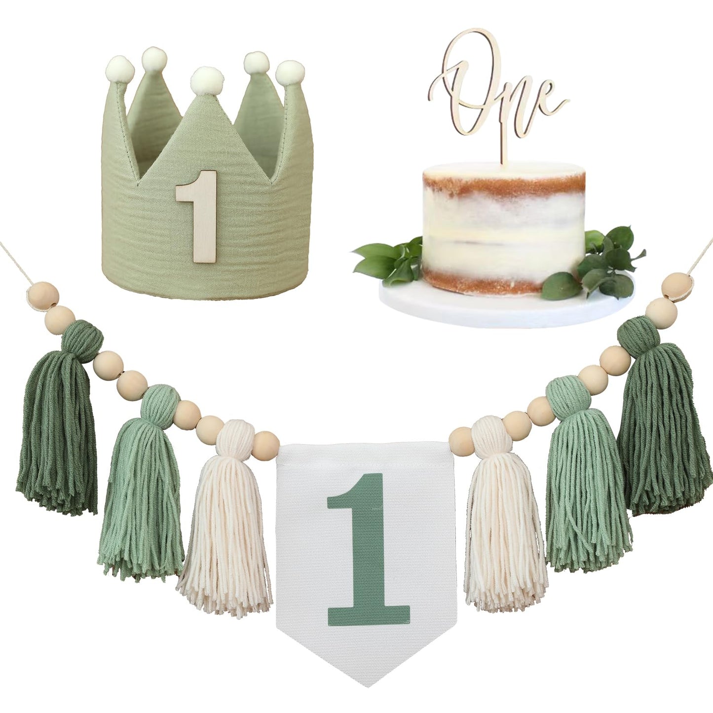 Jungle Theme Birthday Banner Set – Green Highchair Garland, Crown Hat & Cake Topper | First Birthday Party Decoration for Baby Boys or Girls