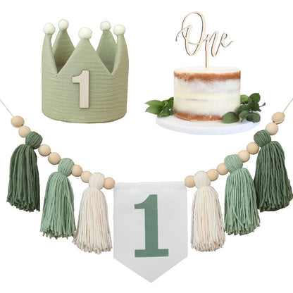 Jungle Theme Birthday Banner Set – Green Highchair Garland, Crown Hat & Cake Topper | First Birthday Party Decoration for Baby Boys or Girls