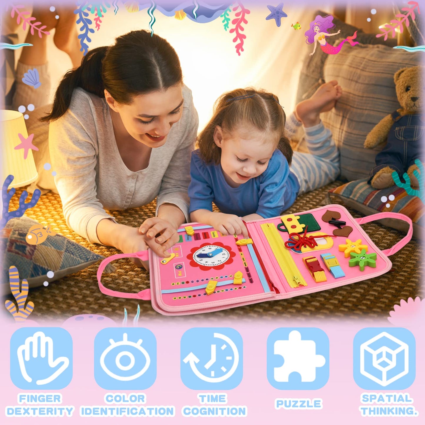 Mermaid Busy Board for Girls – Montessori Sensory Toy for Toddlers Age 1–5 | 17 Life Skills | Travel Activity Board in Pink