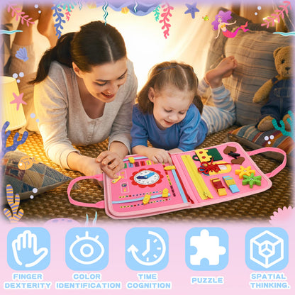 Mermaid Busy Board for Girls – Montessori Sensory Toy for Toddlers Age 1–5 | 17 Life Skills | Travel Activity Board in Pink