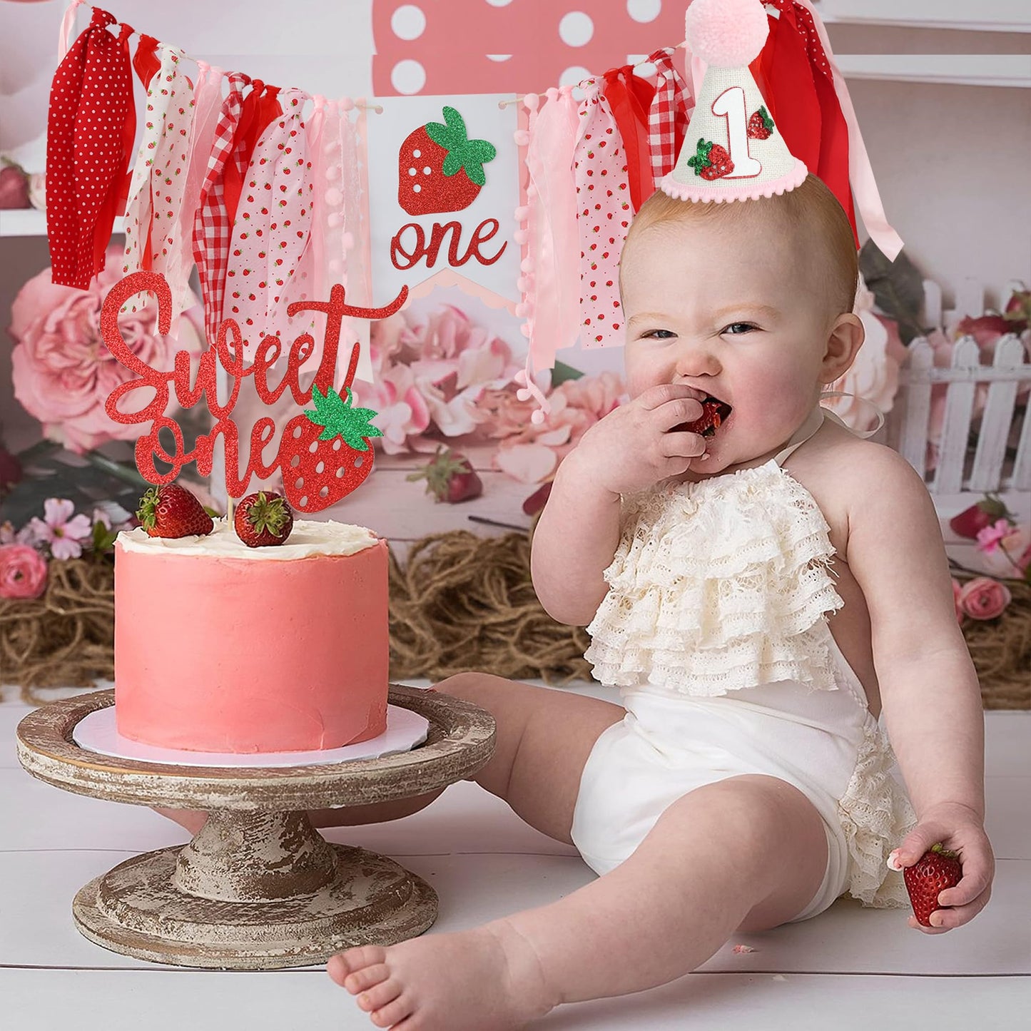 Jungle Theme Birthday Banner Set – Pink and Red Highchair Garland, Crown Hat & Cake Topper | First Birthday Party Decoration for Baby Girls