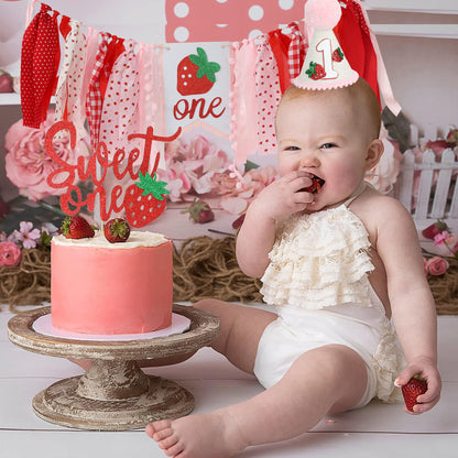 Jungle Theme Birthday Banner Set – Pink and Red Highchair Garland, Crown Hat & Cake Topper | First Birthday Party Decoration for Baby Girls