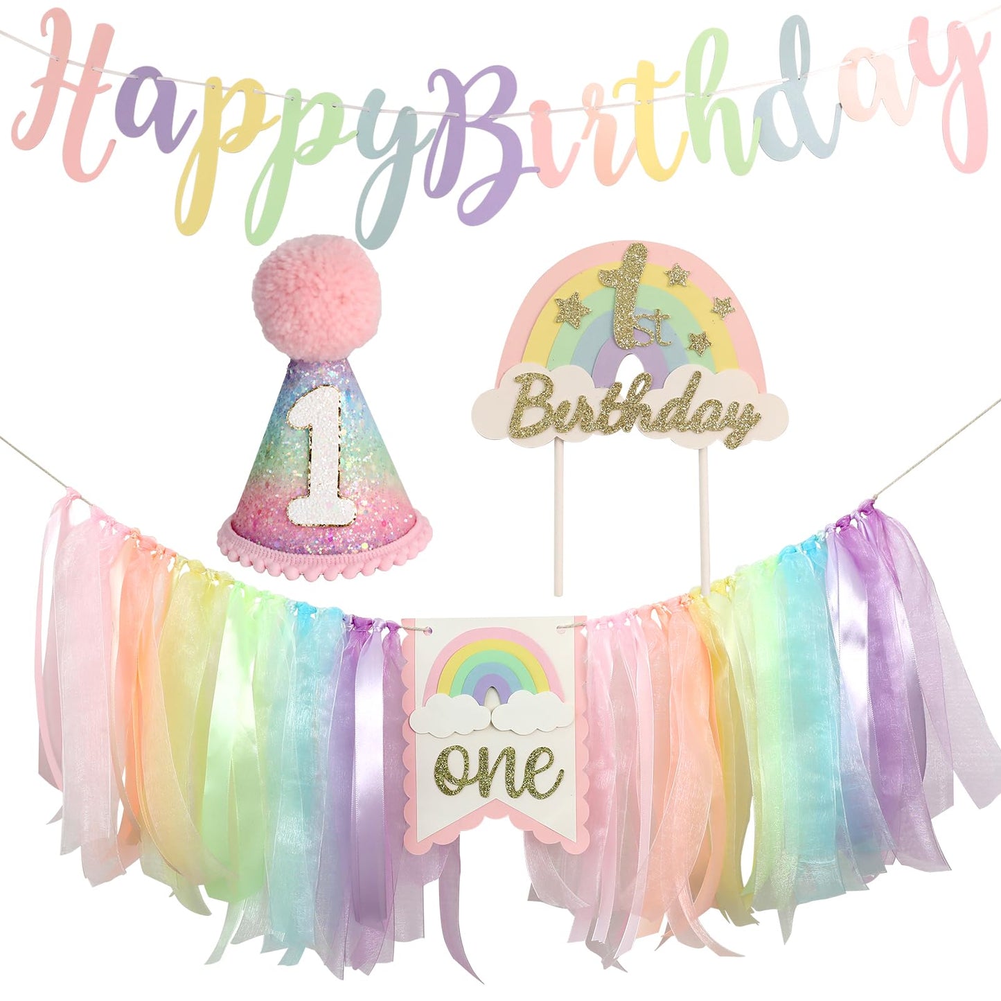 Jungle Theme Birthday Banner Set – Rainbow Highchair Garland, Crown Hat & Cake Topper | Colorful First Birthday Party Decoration for Baby Girls
