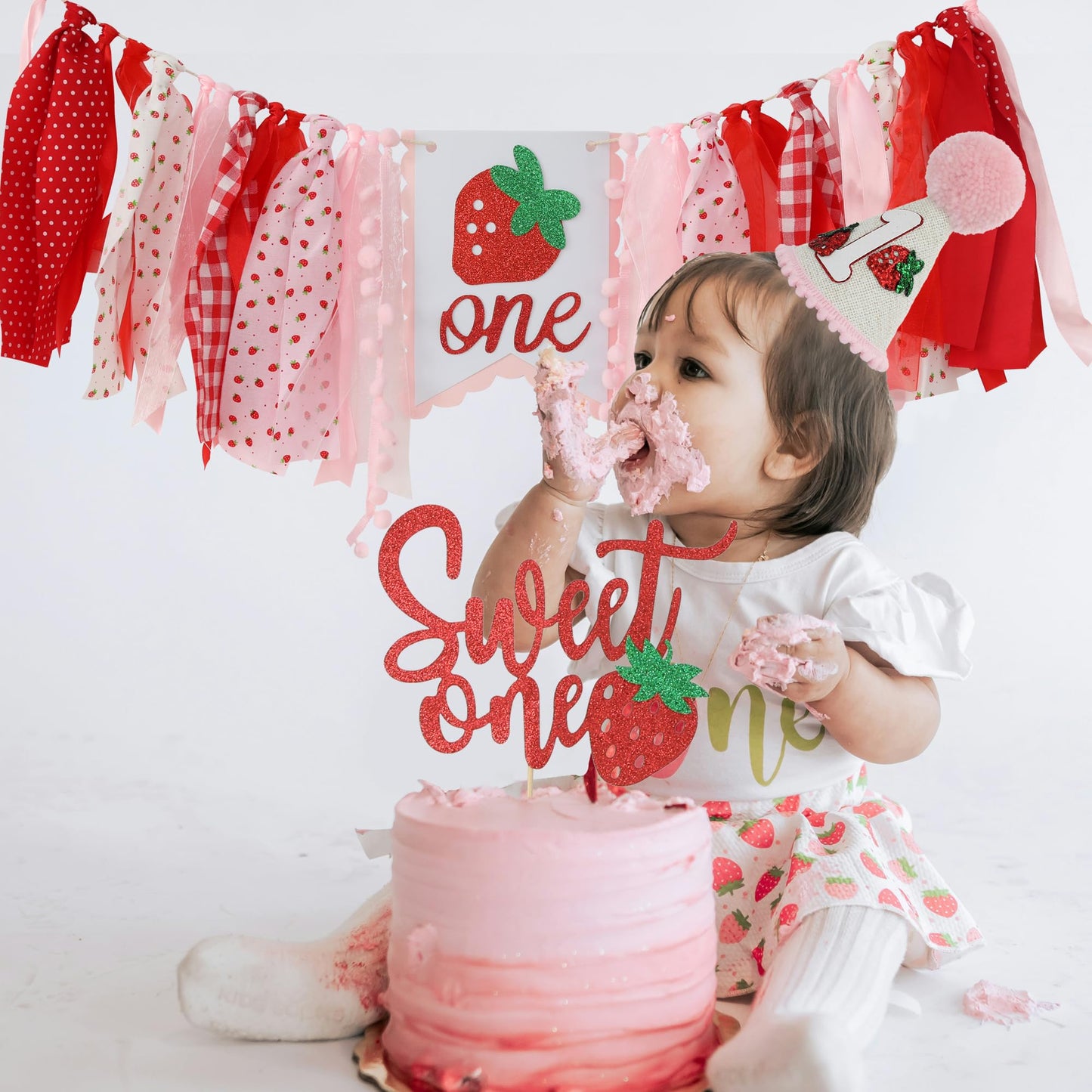 Jungle Theme Birthday Banner Set – Pink and Red Highchair Garland, Crown Hat & Cake Topper | First Birthday Party Decoration for Baby Girls