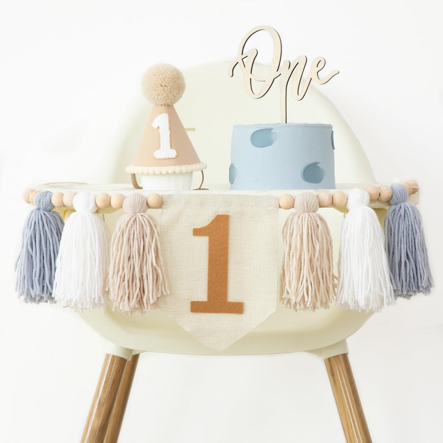 Jungle Theme Birthday Banner Set – Blue Highchair Garland, Crown Hat & Cake Topper | First Birthday Party Decoration for Baby Boys