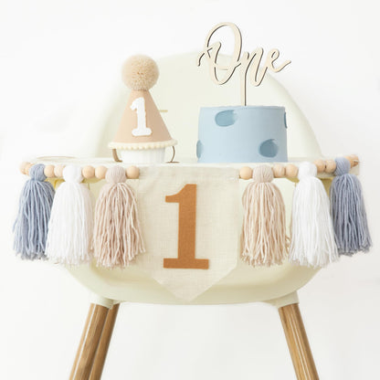 Jungle Theme Birthday Banner Set – Blue Highchair Garland, Crown Hat & Cake Topper | First Birthday Party Decoration for Baby Boys