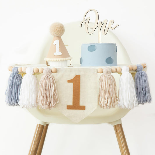 Jungle Theme Birthday Banner Set – Blue Highchair Garland, Crown Hat & Cake Topper | First Birthday Party Decoration for Baby Boys