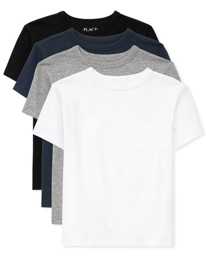 Boys’ Short Sleeve Crew Neck T-Shirts – 4-Pack in White, Black, Navy & Grey | Cotton Jersey Tops for Everyday Wear
