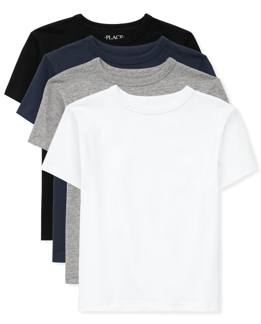 Boys’ Short Sleeve Crew Neck T-Shirts – 4-Pack in White, Black, Navy & Grey | Cotton Jersey Tops for Everyday Wear