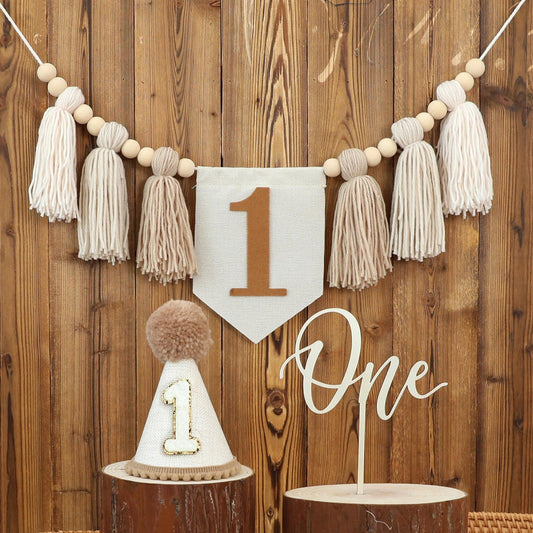 First Birthday Party Decorations Light Brown High Chair Banner 1st Birthday Crown One Cake Topper 1st Decor