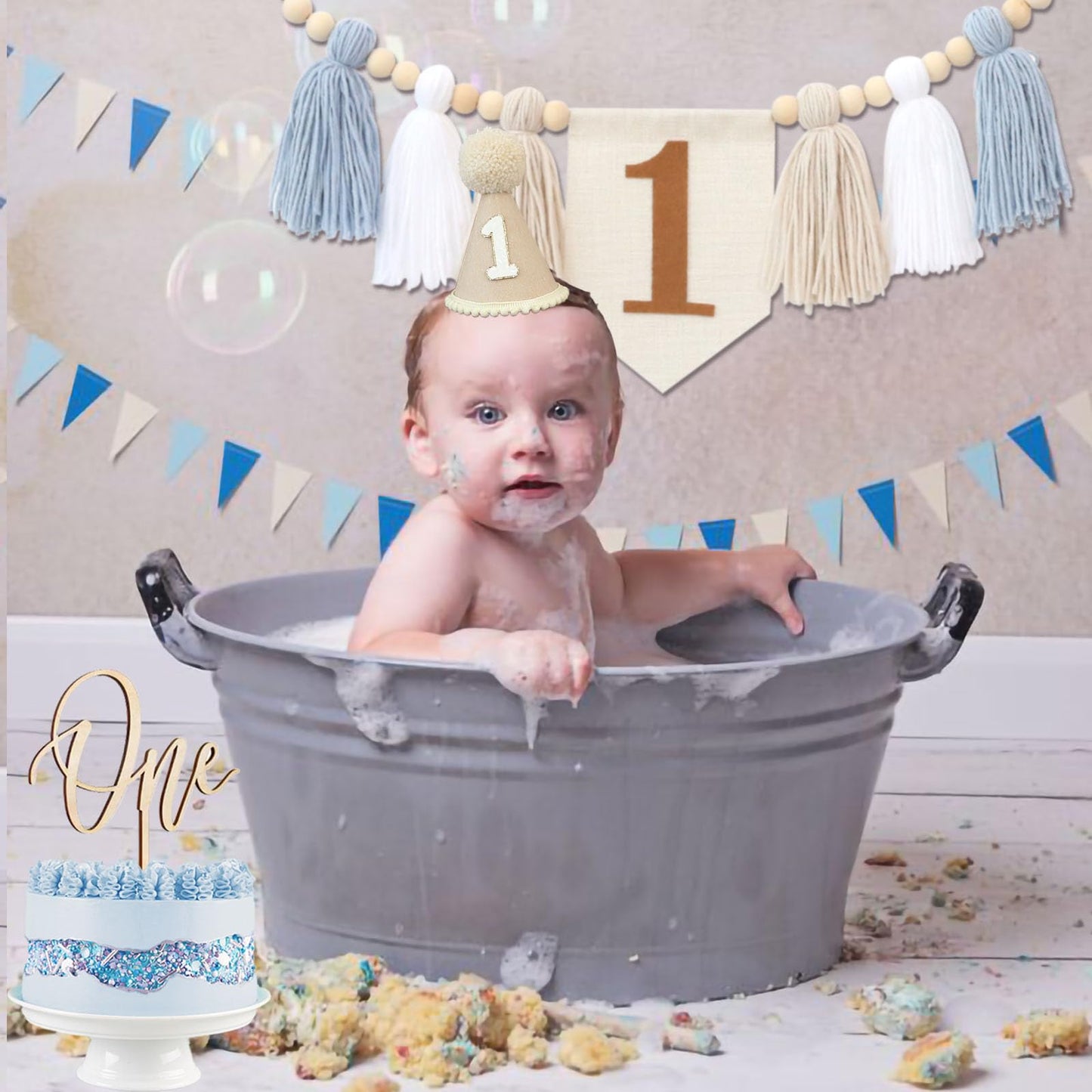 Jungle Theme Birthday Banner Set – Blue Highchair Garland, Crown Hat & Cake Topper | First Birthday Party Decoration for Baby Boys