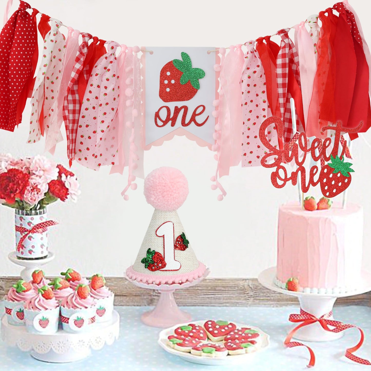 Jungle Theme Birthday Banner Set – Pink and Red Highchair Garland, Crown Hat & Cake Topper | First Birthday Party Decoration for Baby Girls