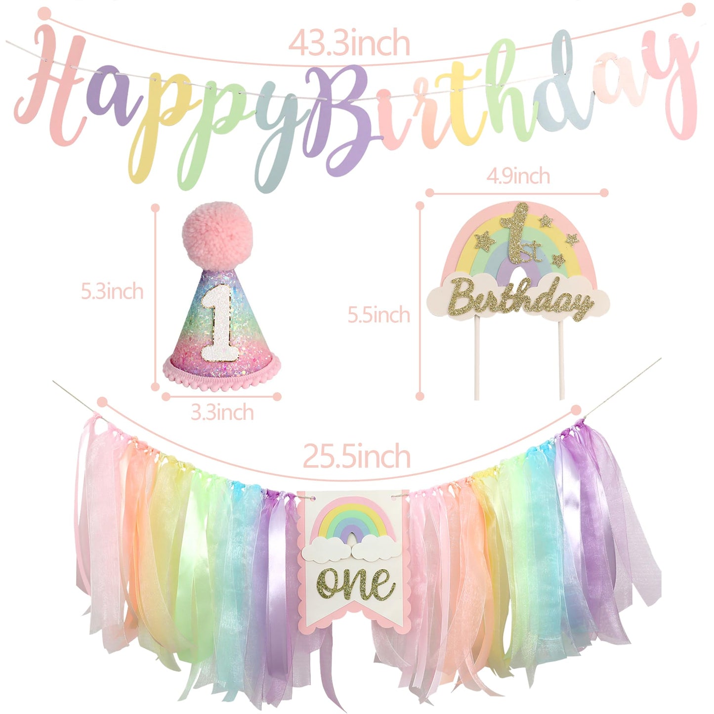 Jungle Theme Birthday Banner Set – Rainbow Highchair Garland, Crown Hat & Cake Topper | Colorful First Birthday Party Decoration for Baby Girls