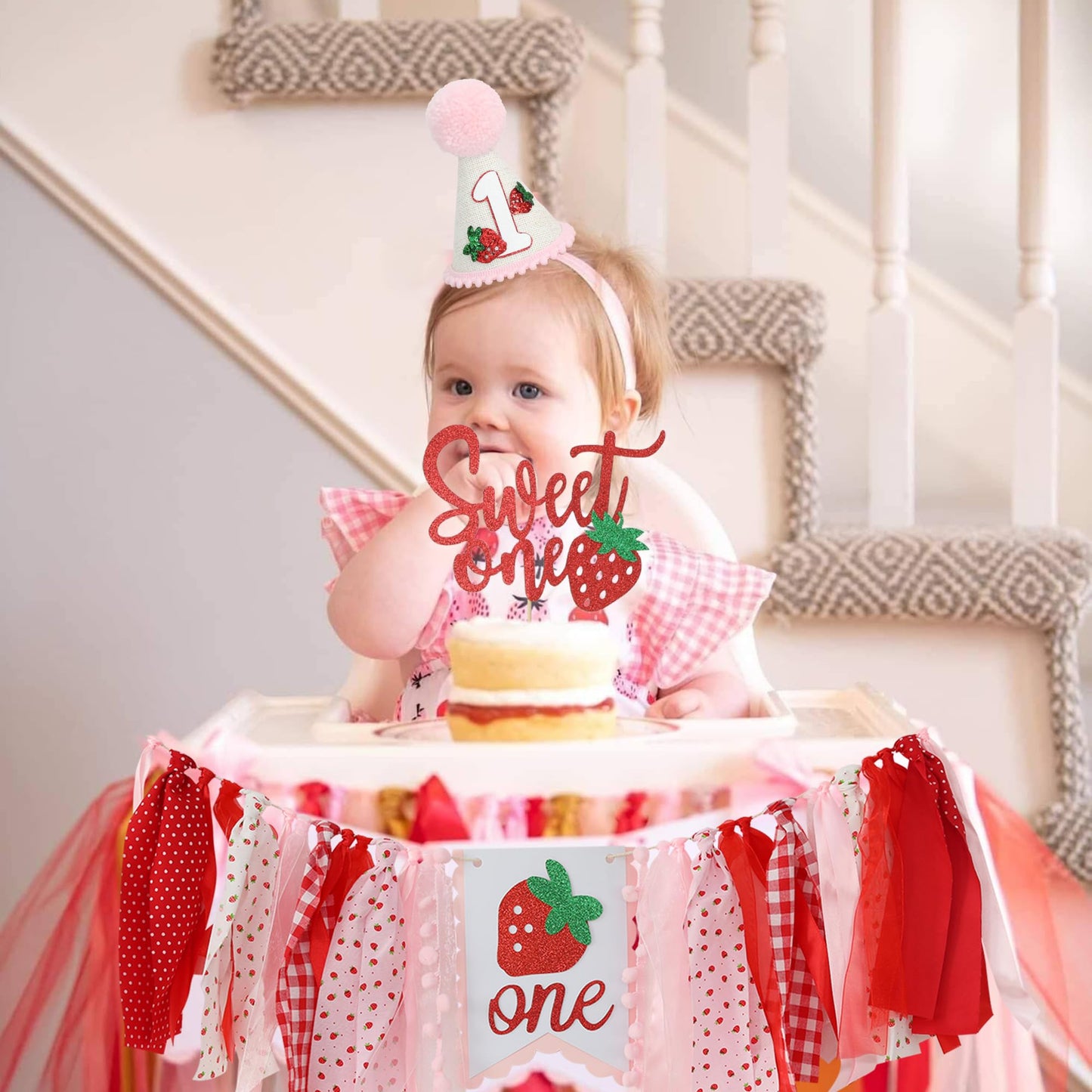 Jungle Theme Birthday Banner Set – Pink and Red Highchair Garland, Crown Hat & Cake Topper | First Birthday Party Decoration for Baby Girls