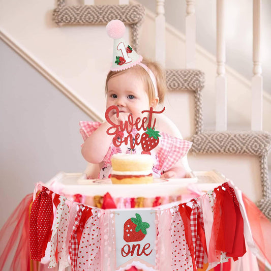 Jungle Theme Birthday Banner Set – Pink and Red Highchair Garland, Crown Hat & Cake Topper | First Birthday Party Decoration for Baby Girls