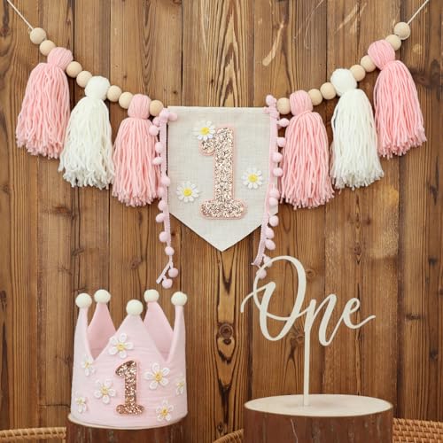 Boho Daisy First Birthday Banner Set – Pink Highchair Garland, Crown Hat & Cake Topper for Baby Girls