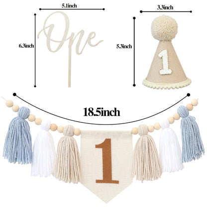 Jungle Theme Birthday Banner Set – Blue Highchair Garland, Crown Hat & Cake Topper | First Birthday Party Decoration for Baby Boys