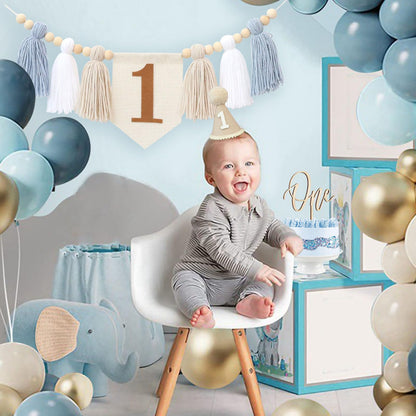 Jungle Theme Birthday Banner Set – Blue Highchair Garland, Crown Hat & Cake Topper | First Birthday Party Decoration for Baby Boys