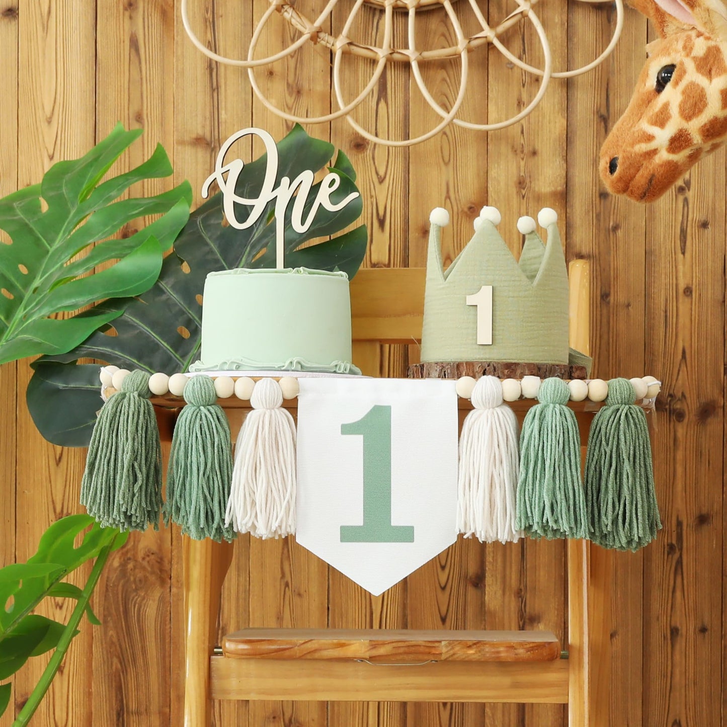 Jungle Theme Birthday Banner Set – Green Highchair Garland, Crown Hat & Cake Topper | First Birthday Party Decoration for Baby Boys or Girls
