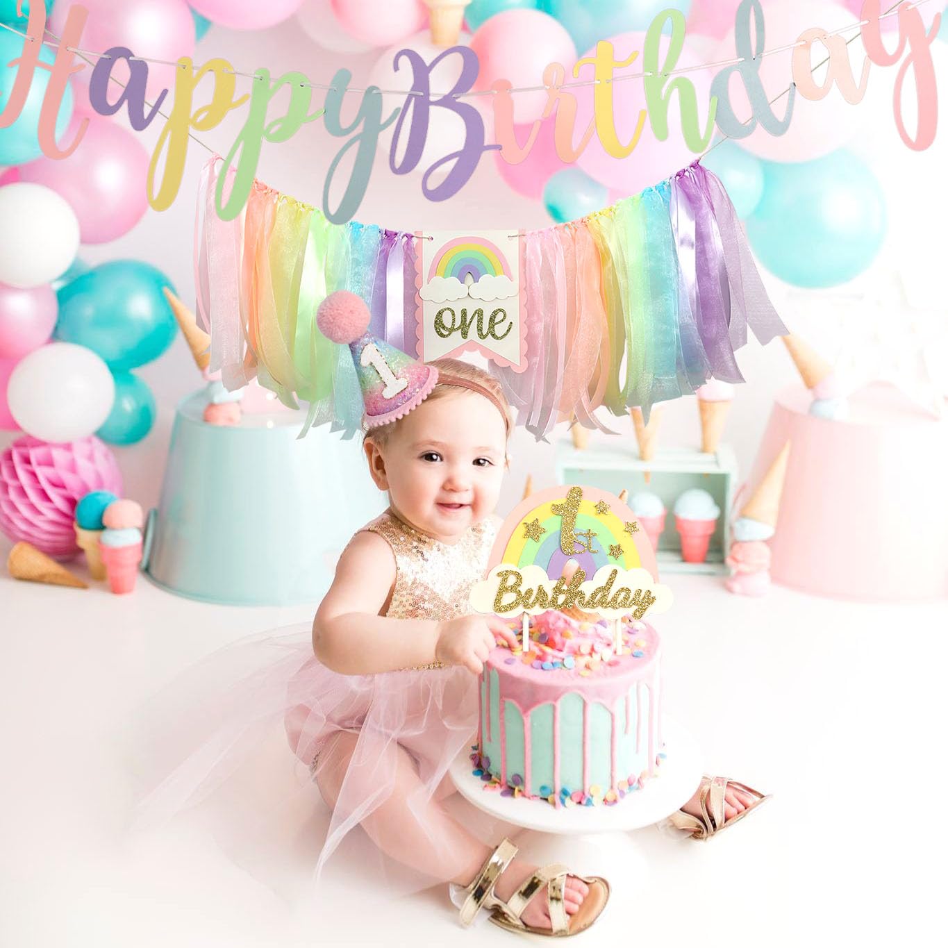 Jungle Theme Birthday Banner Set – Rainbow Highchair Garland, Crown Hat & Cake Topper | Colorful First Birthday Party Decoration for Baby Girls