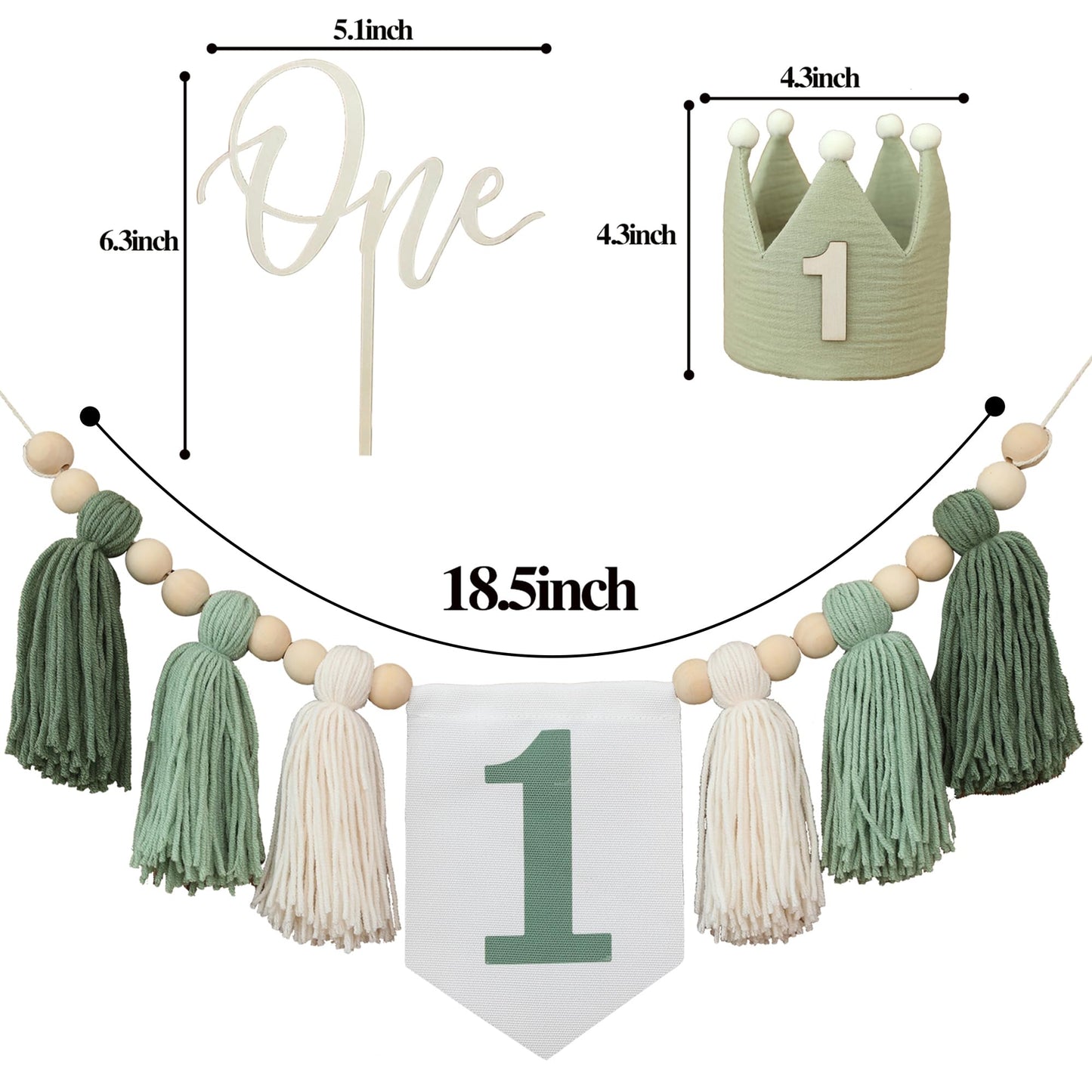 Jungle Theme Birthday Banner Set – Green Highchair Garland, Crown Hat & Cake Topper | First Birthday Party Decoration for Baby Boys or Girls