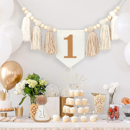 First Birthday Party Decorations Light Brown High Chair Banner 1st Birthday Crown One Cake Topper 1st Decor