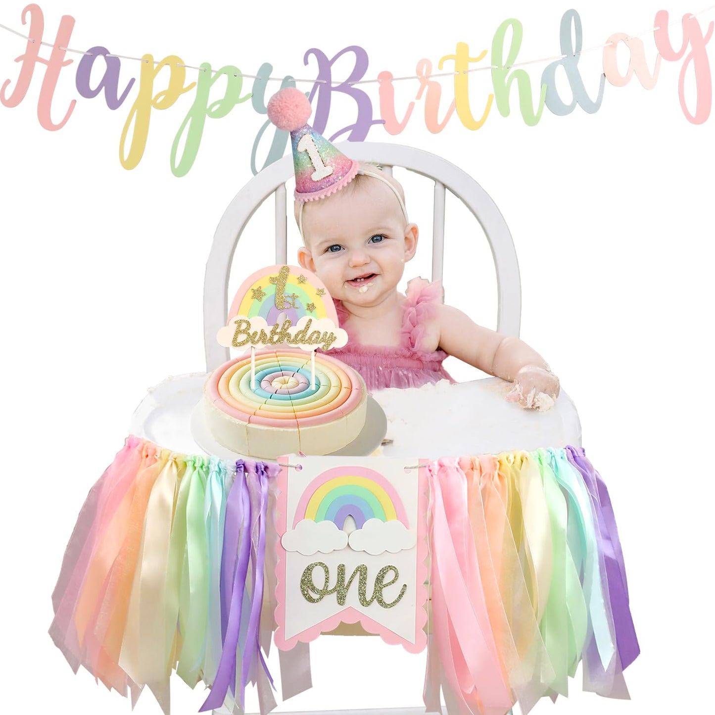 Jungle Theme Birthday Banner Set – Rainbow Highchair Garland, Crown Hat & Cake Topper | Colorful First Birthday Party Decoration for Baby Girls