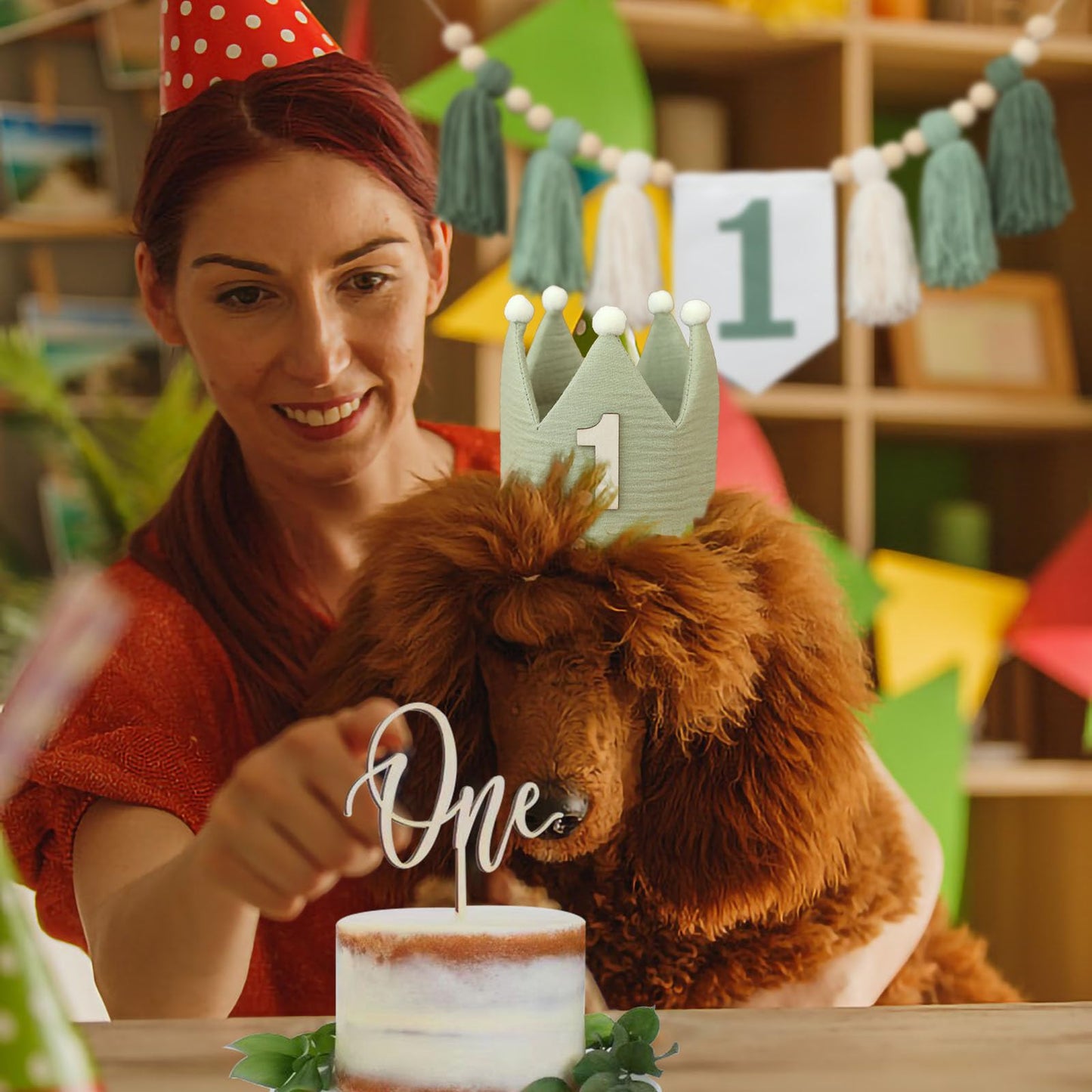Jungle Theme Birthday Banner Set – Green Highchair Garland, Crown Hat & Cake Topper | First Birthday Party Decoration for Baby Boys or Girls