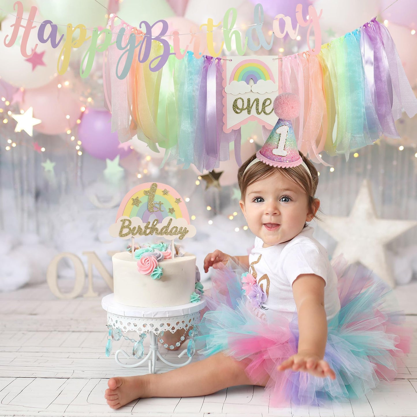 Jungle Theme Birthday Banner Set – Rainbow Highchair Garland, Crown Hat & Cake Topper | Colorful First Birthday Party Decoration for Baby Girls